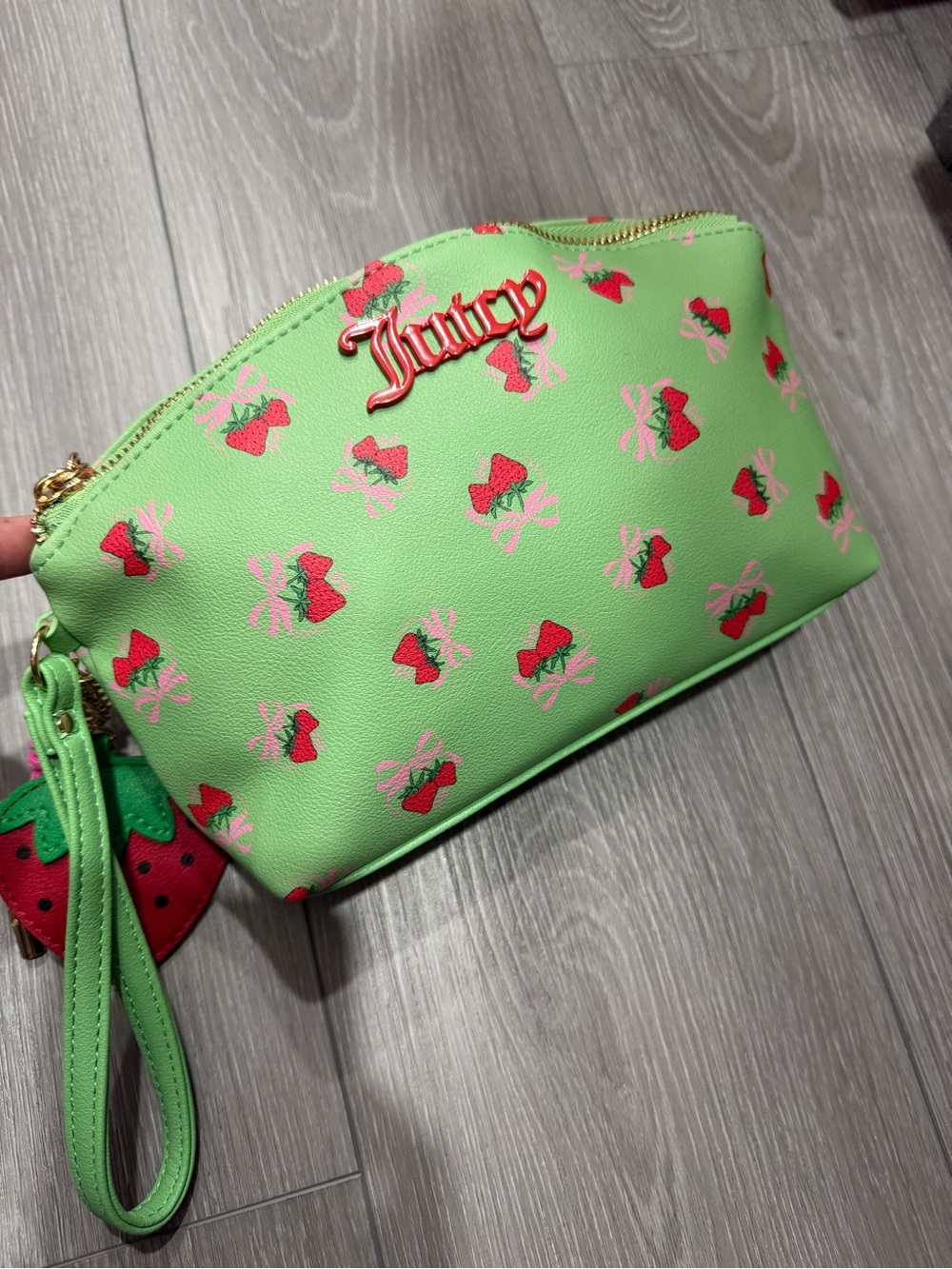 Juicy Couture Lime Green Strawberry Print Wristlet with Gold Logo